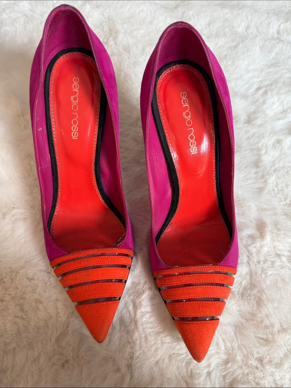 Sergio Rossi Pink and Orange Pointed-Toe Striped Pumps